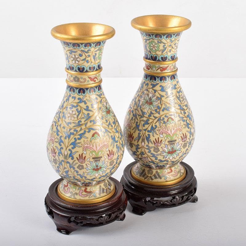 3点まとめて 中国 古七宝琺瑯彩 花唐草文瓶 一對 唐木